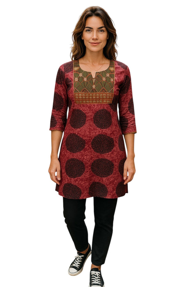 Geometric patterns tunic with multi color embroidered neckline, 3/4 Sleeve, Roundneck Kurti, Top.