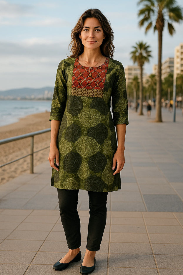 Geometric patterns tunic with multi color embroidered neckline, 3/4 Sleeve, Roundneck Kurti, Top.