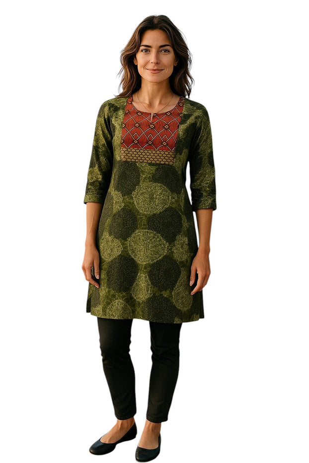 Geometric patterns tunic with multi color embroidered neckline, 3/4 Sleeve, Roundneck Kurti, Top.