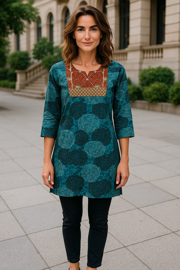 Geometric patterns tunic with multi color embroidered neckline, 3/4 Sleeve, Roundneck Kurti, Top.