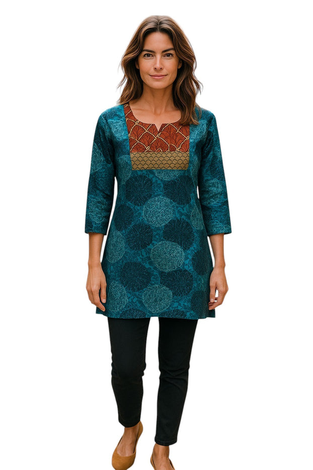 Geometric patterns tunic with multi color embroidered neckline, 3/4 Sleeve, Roundneck Kurti, Top.