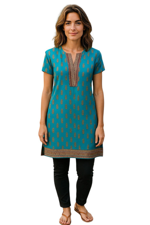 Tunic for Women Golden Flower design with golden Trim neckline and hem, Round Neck, Sleeveless Kurti, Top.