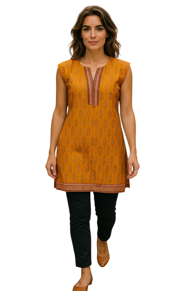Tunic for Women Golden Flower design with golden Trim neckline and hem, Round Neck, Sleeveless Kurti, Top.