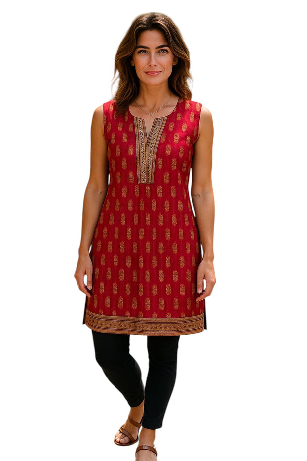 Tunic for Women Golden Flower design with golden Trim neckline and hem, Round Neck, Sleeveless Kurti, Top.