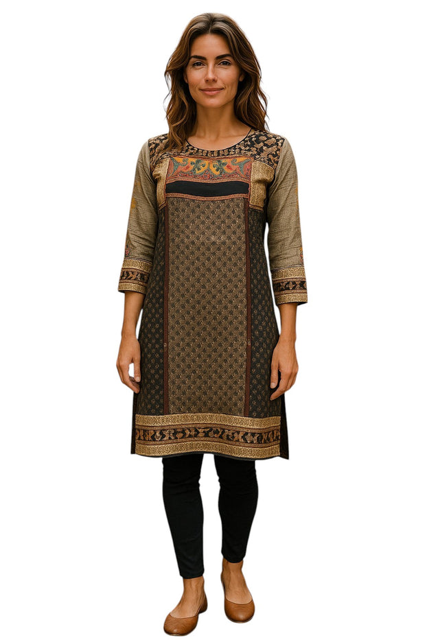 Tunic for Women Tringle Print Colorful embroidery around neckline with sheer 3/4 sleeve, Knee Length Kurti, Top.