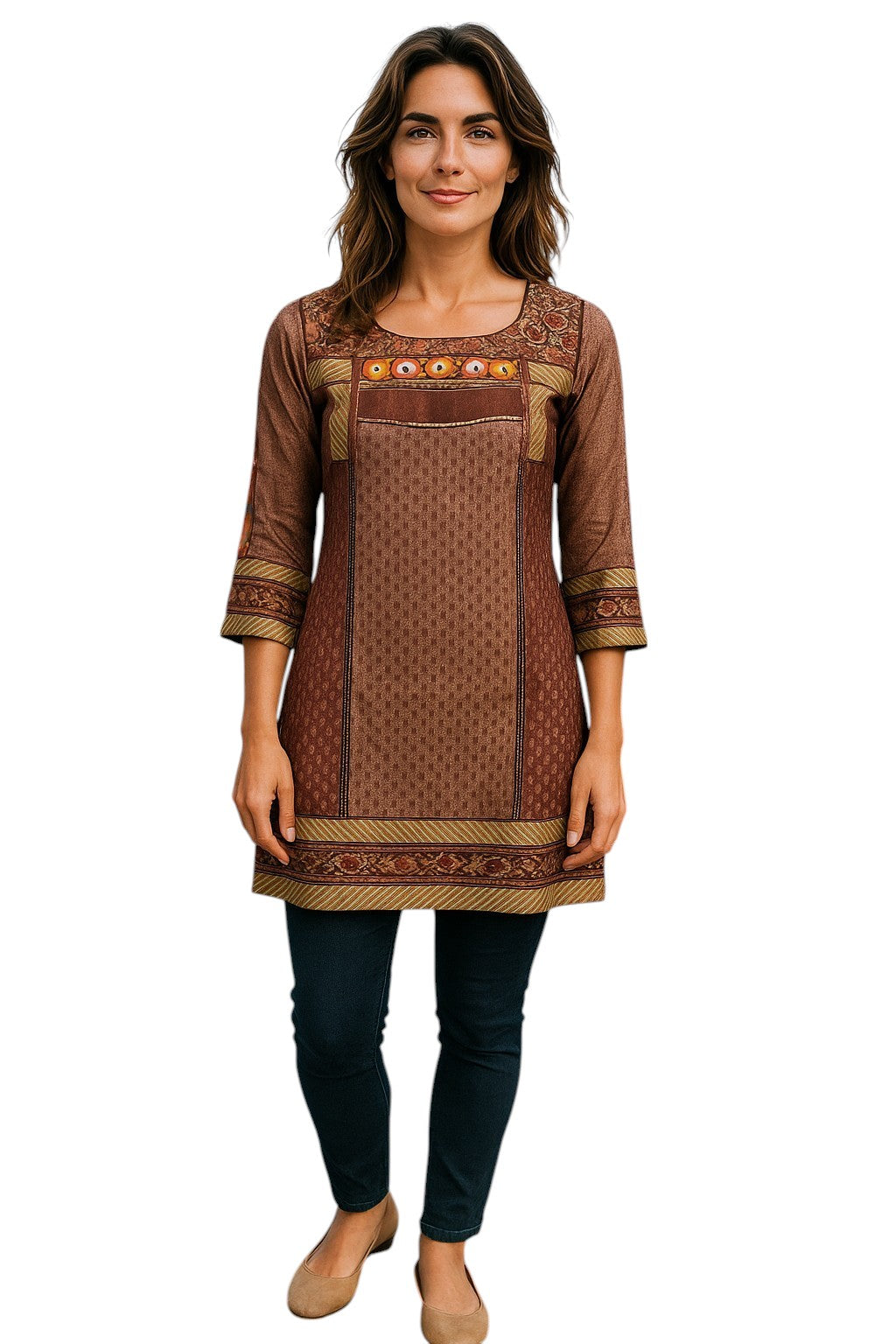 Tunic for Women Tringle Print Colorful embroidery around neckline with sheer 3/4 sleeve, Knee Length Kurti, Top.