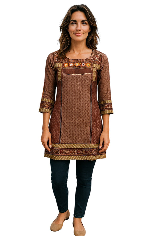 Tunic for Women Tringle Print Colorful embroidery around neckline with sheer 3/4 sleeve, Knee Length Kurti, Top.