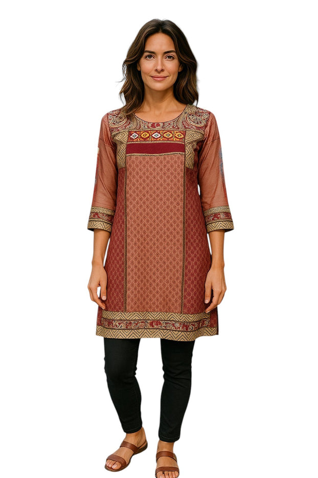 Tunic for Women Tringle Print Colorful embroidery around neckline with sheer 3/4 sleeve, Knee Length Kurti, Top.