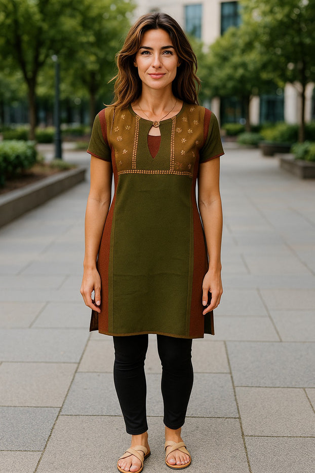 Multi Patch with small floral embroidery and vertical gold sequin stripes with button Tunic for Women, roundneck, Sleeveless Kurti, Top.