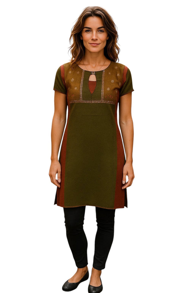 Multi Patch with small floral embroidery and vertical gold sequin stripes with button Tunic for Women, roundneck, Sleeveless Kurti, Top.