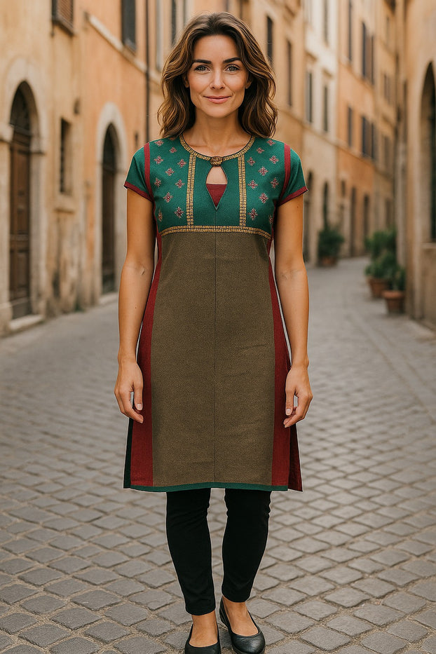 Multi Patch with small floral embroidery and vertical gold sequin stripes with button Tunic for Women, roundneck, Sleeveless Kurti, Top.