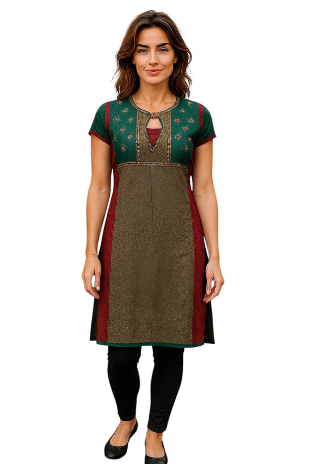 Multi Patch with small floral embroidery and vertical gold sequin stripes with button Tunic for Women, roundneck, Sleeveless Kurti, Top.