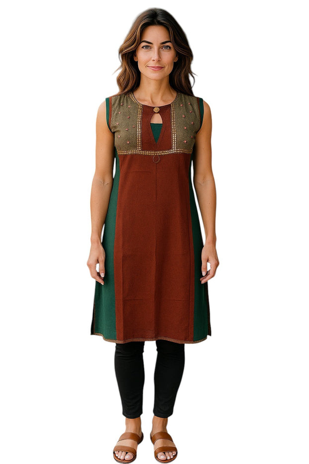 Multi Patch with small floral embroidery and vertical gold sequin stripes with button Tunic for Women, roundneck, Sleeveless Kurti, Top.