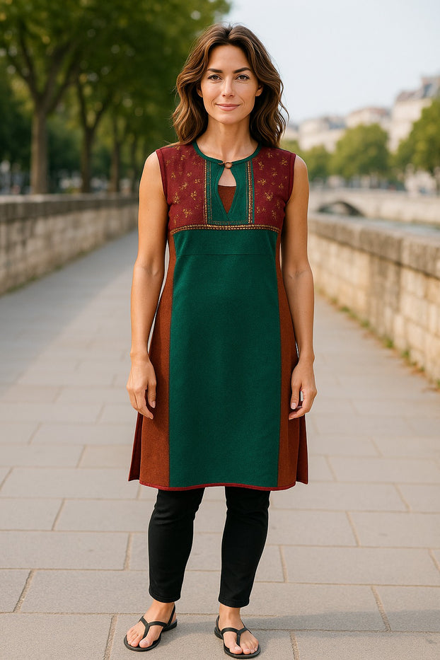 Multi Patch with small floral embroidery and vertical gold sequin stripes with button Tunic for Women, roundneck, Sleeveless Kurti, Top.