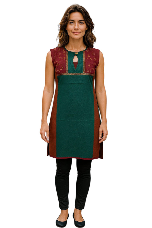 Multi Patch with small floral embroidery and vertical gold sequin stripes with button Tunic for Women, roundneck, Sleeveless Kurti, Top.