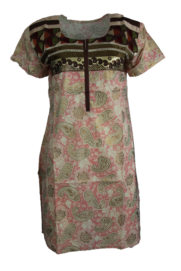 Tunic for Women 100% Cotton Pink Kurti Golden Leaf and Flower Design Round Neck Embroidery and Velvet Patch