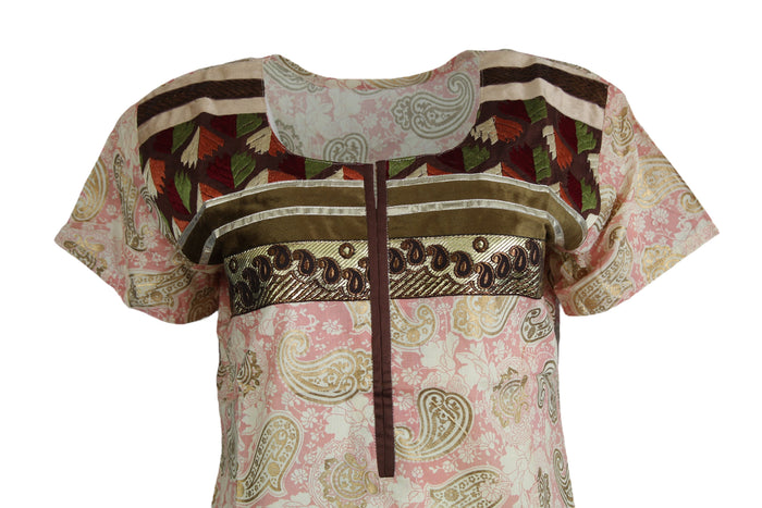 Tunic for Women 100% Cotton Pink Kurti Golden Leaf and Flower Design Round Neck Embroidery and Velvet Patch