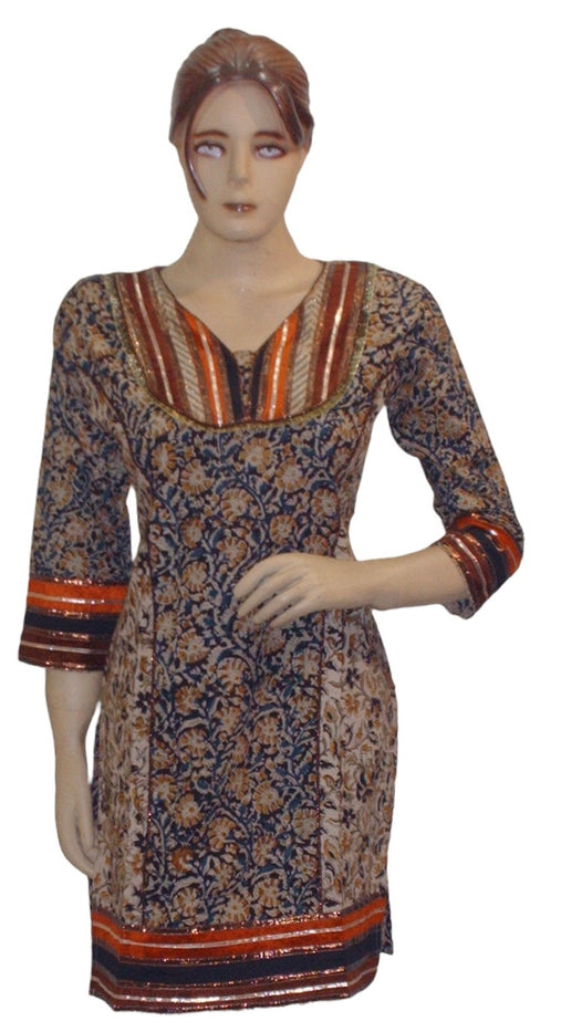 100% Cotton Kalamkari Kurti with 3/4 Sleeves and V-Neck with Brown and Gold Piping Women Casual Tunic, Tops Perfect for Travel, Festivals and More