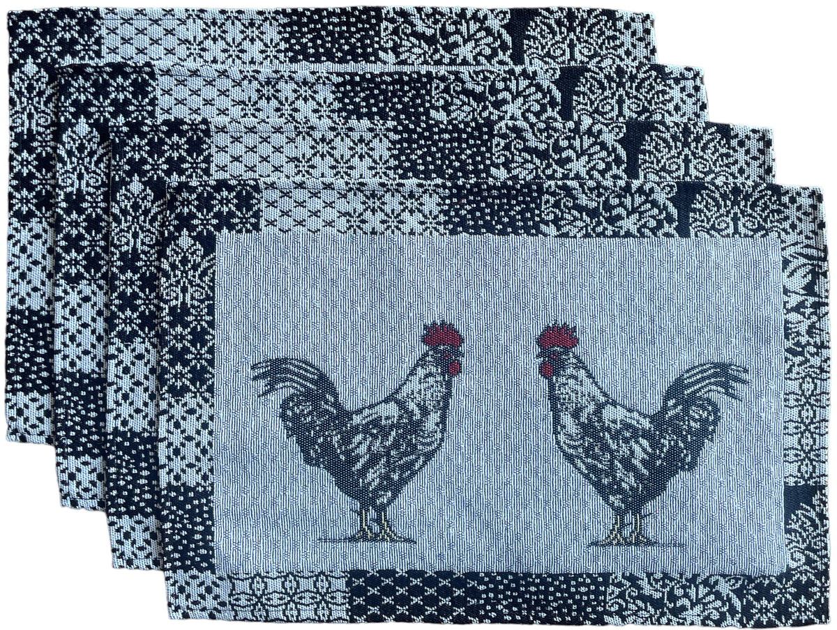 Set of 4, Black and White Country Rooster Design Tapestry placemats for Kitchen