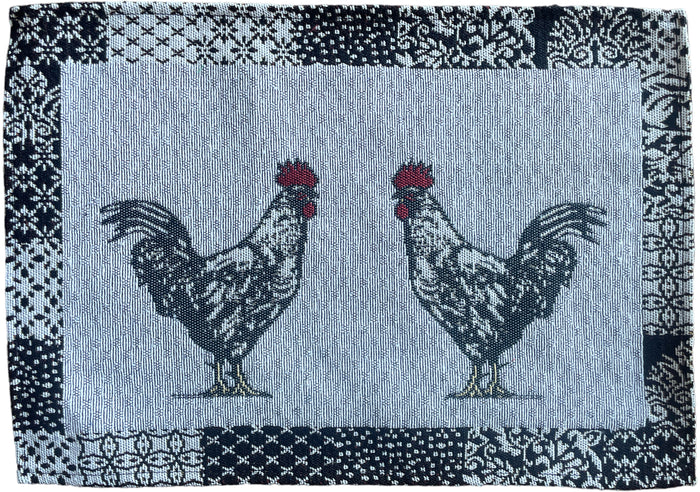 Set of 4, Black and White Country Rooster Design Tapestry placemats for Kitchen