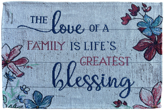 Set of 4, Floral Design with The love of a family is life's greatest blessing Printed Tapestry placemats for Dining Table 13 x 19 Inches.