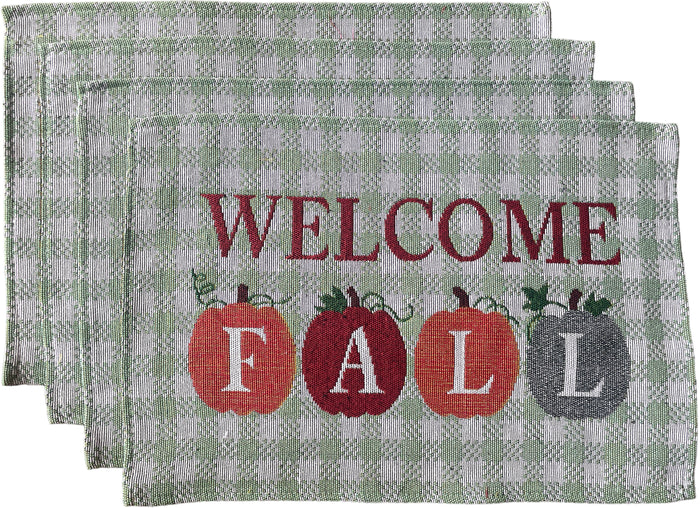 Set of 4, Harvest Tapestry Fall Placemats Welcome Fall with Pumpkin Design Kitchen Dining Table Easy to Clean, Machine Washable Size: 13” x 19”.