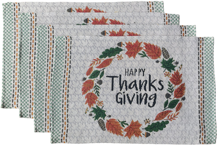 Set of 4, Harvest Fall Leaves Wreath with Happy Thanksgiving Tapestry Placemats Kitchen Dining Table Easy to Clean, Machine Washable Size: 13” x 19”.