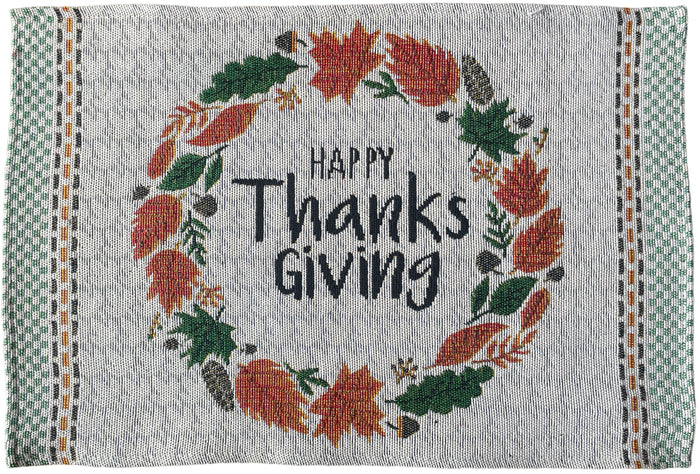 Set of 4, Harvest Fall Leaves Wreath with Happy Thanksgiving Tapestry Placemats Kitchen Dining Table Easy to Clean, Machine Washable Size: 13” x 19”.