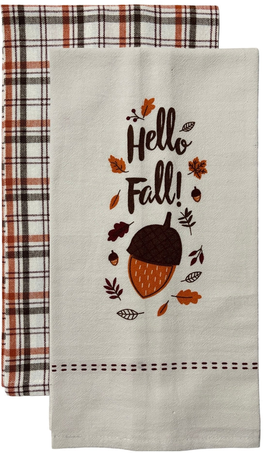 Set of 2, Flour Sack Kitchen Towels Hello Fall! & 1 Plaid Kitchen Towels/Flour Sack Kitchen Towels Size : 15" x 25".