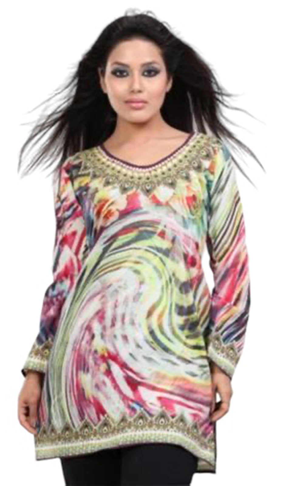 Tunic for Women 100% Cotton Digital Printed V-Neck Short Kurti Kurta Long Sleeves Tunic Top - 1084-L