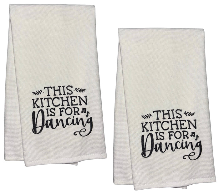 This Kitchen is for Dancing, Two-Piece Cotton Funny Quotes Flour Sacks Kitchen Towel/Tea Towel are Soft and Absorbent, with a Hanging Loop Size of 16 X 26 Inches.