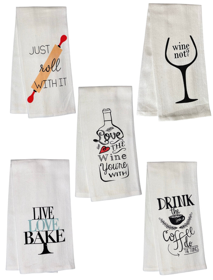 Wine Design 5 Pcs Cotton Herringbone Pattern Flour Sack Kitchen Towels Size: 16 X 28 Inch.