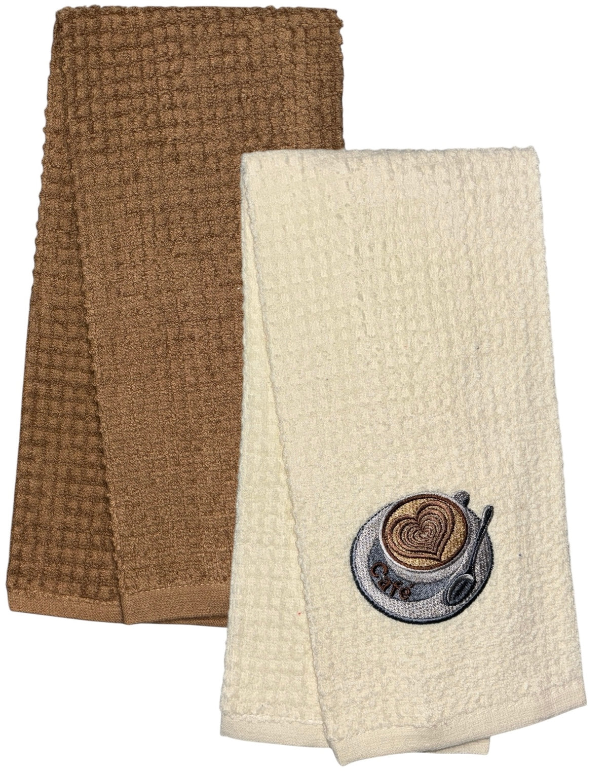 Two pcs, Café Embroidery Heart and Plain Cotton Terry Kitchen Towel, Super Absorbent, Heavy Duty, Great for Kitchen, or Household Size: 15” x 25”.