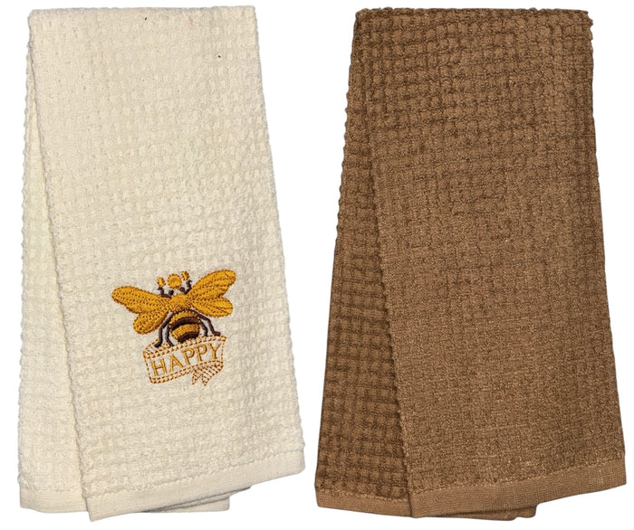 Two pcs, Butterfly with Happy Embroidery and Plain Terry Cotton Kitchen Towel, Super Absorbent, Heavy Duty, Great for Kitchen, or Household Size: 15” x 25”.