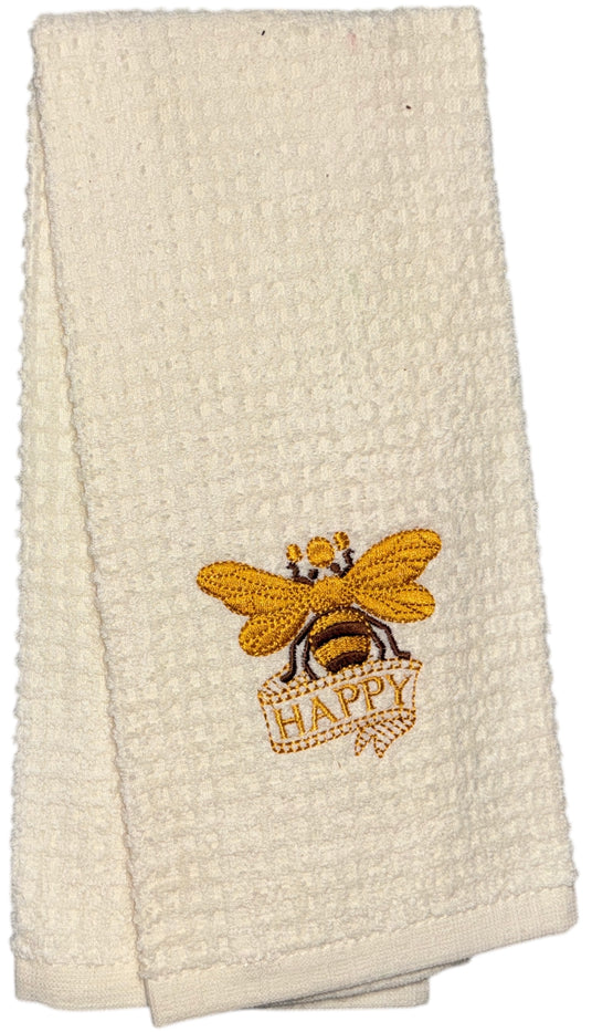 Two pcs, Butterfly with Happy Embroidery and Plain Terry Cotton Kitchen Towel, Super Absorbent, Heavy Duty, Great for Kitchen, or Household Size: 15” x 25”.