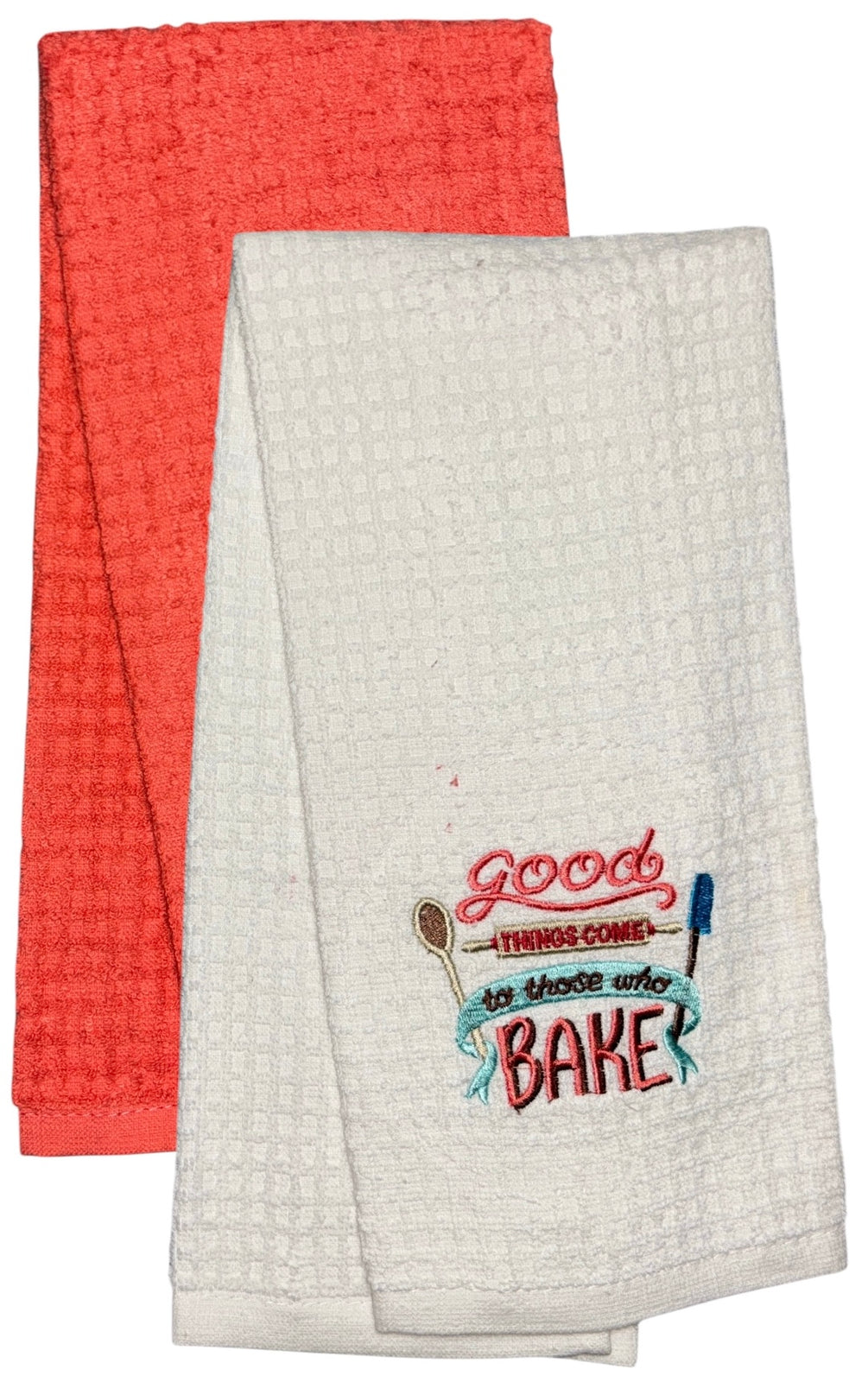 Two pcs. Good Things Come to Those Who Bake and Plain Terry Cotton Kitchen Towel, Super Absorbent, Heavy Duty, Great for Kitchen, or Household Size: 15” x 25”.