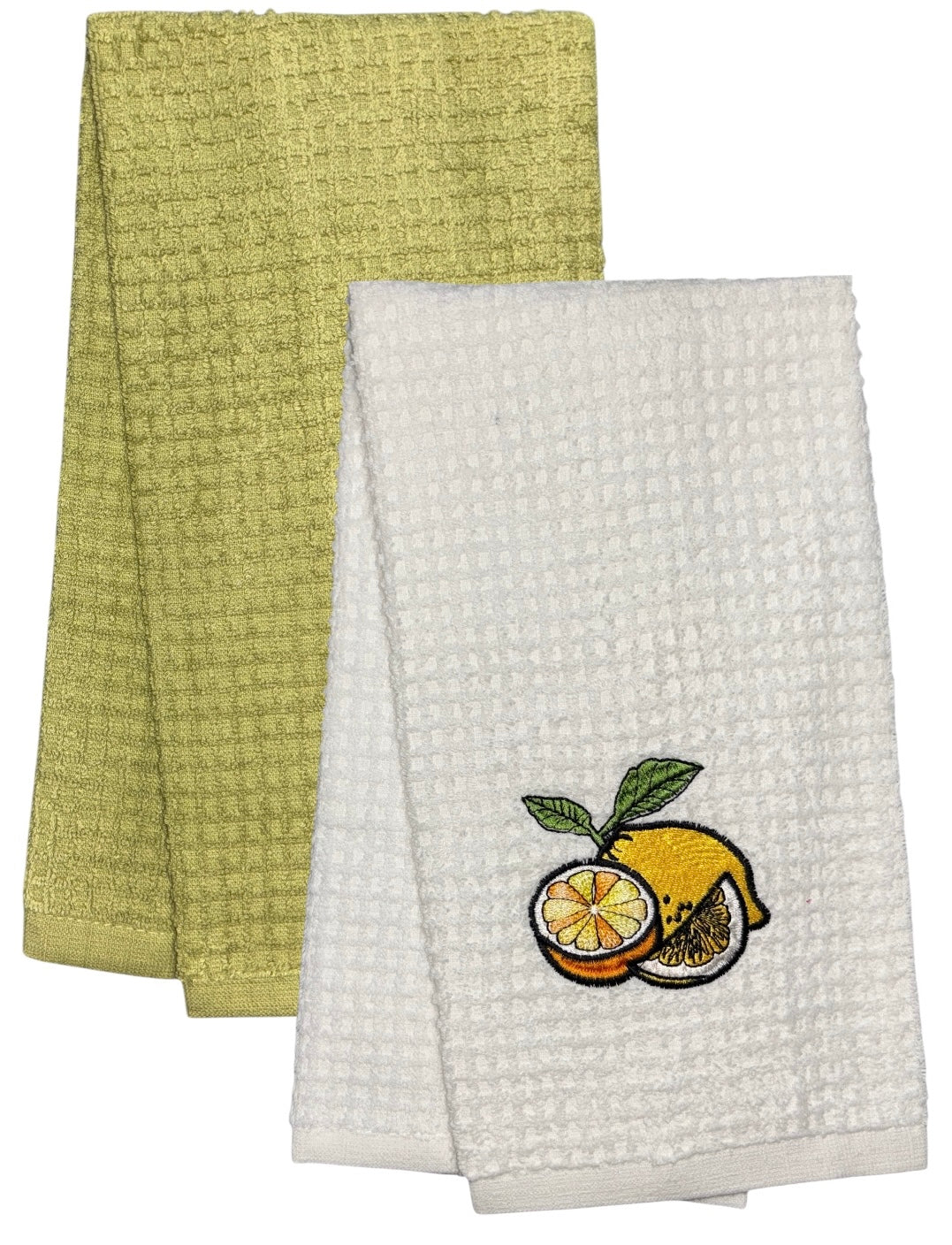 Two pcs, Lemon Embroidery and Plain Cotton Terry Kitchen Towel, Super Absorbent, Heavy Duty, Great for Kitchen, or Household Size: 15” x 25”.