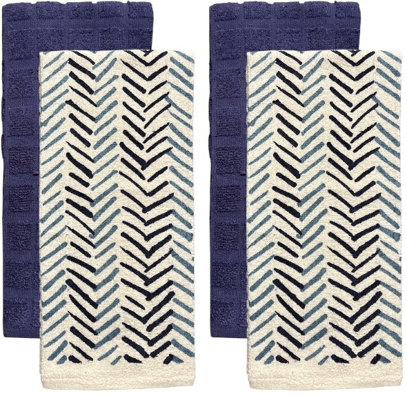Four pcs, Zigzag Design Printed Cotton Kitchen Towels and Plain Terry Towels, Super Absorbent, Heavy Duty, Great for Kitchen, or Household Size: 16” x 26”.