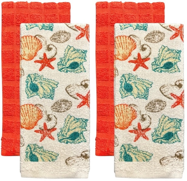 Four pcs, Starfish Design Printed Cotton Kitchen Towels and Plain Terry Towels, Super Absorbent, Heavy Duty, Great for Kitchen, or Household Size: 16” x 26”.