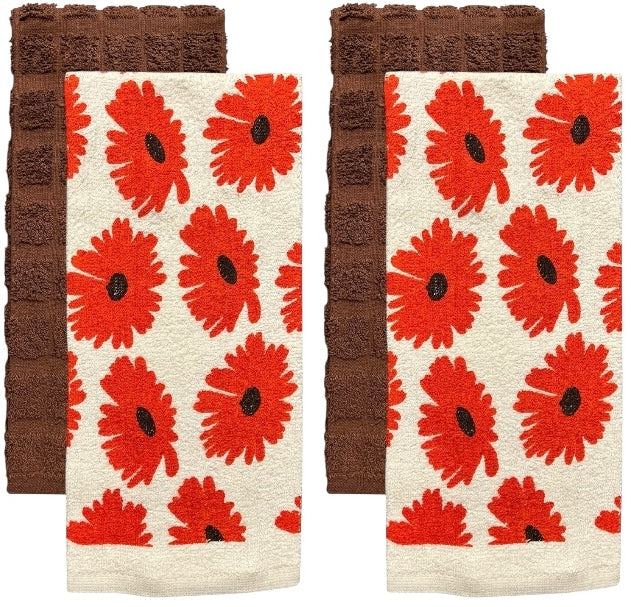 Four pcs, Floral Design Cotton Kitchen Towels and Plain Terry Towels, Super Absorbent, Heavy Duty, Great for Kitchen, or Household Size: 16” x 26”.