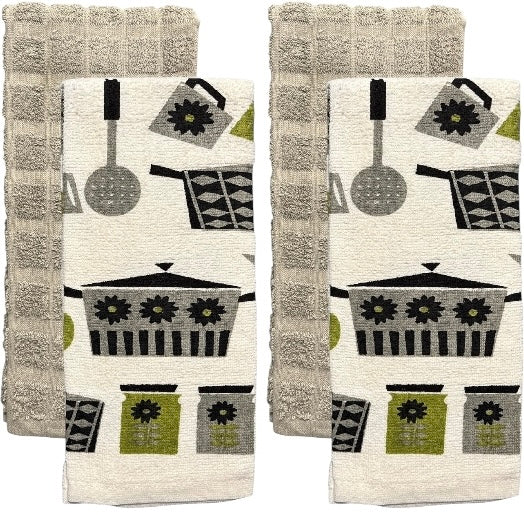 Four pcs, Kitchen Utensils and Saucers Design Cotton Kitchen Towels and Plain Terry Towels, Super Absorbent, Heavy Duty, Household Size: 16” x 26”.