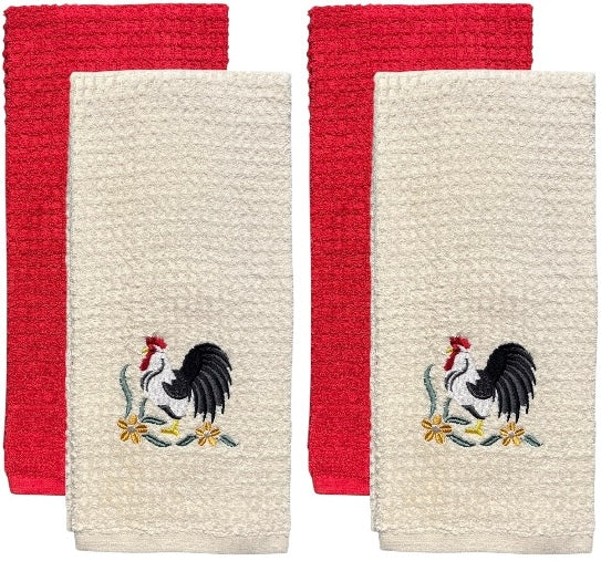 Two pcs, Rooster Embroidery and Plain Terry Cotton Kitchen Towel, Super Absorbent, Heavy Duty, Great for Kitchen, or Household Size: 15” x 25”.