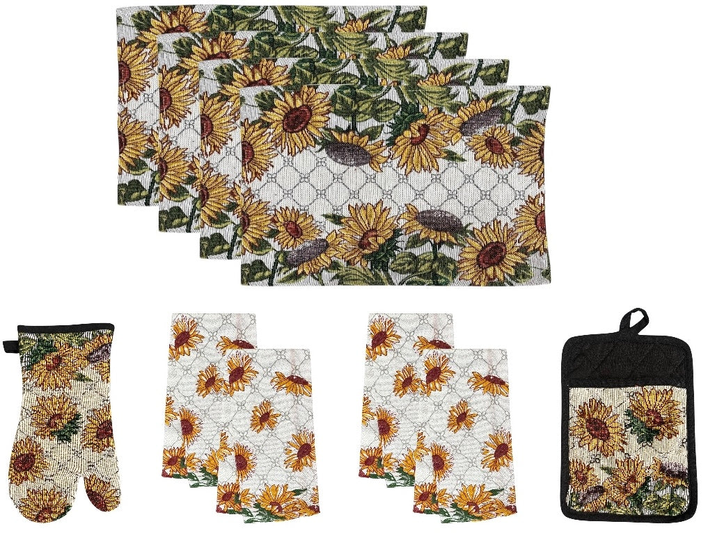 Set of 10 Sunflower Design Tapestry Kitchen Sets Includes 4 Placemats, 4 Kitchen Towels, a Potholder, and an Oven Mitt.