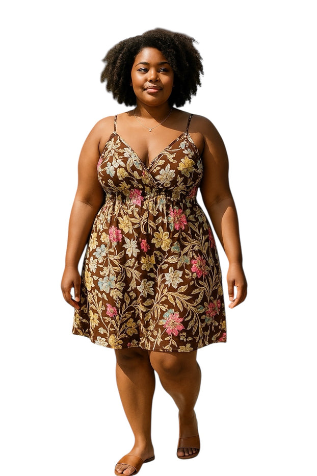 Women Summer Dress Floral Design Spaghetti Strap Padded Bra Thin Stripes Mini Dress