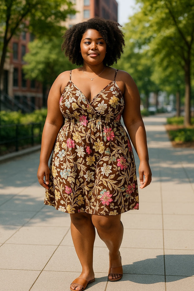 Women Summer Dress Floral Design Spaghetti Strap Padded Bra Thin Stripes Mini Dress