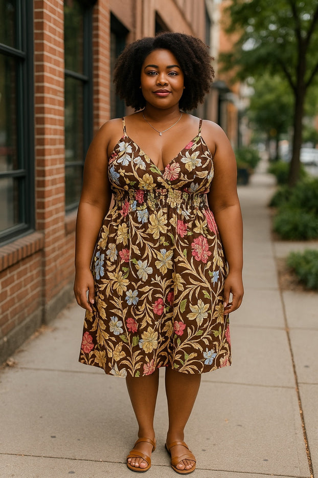 Women Summer Dress Floral Design Spaghetti Strap Padded Bra Thin Stripes Mini Dress