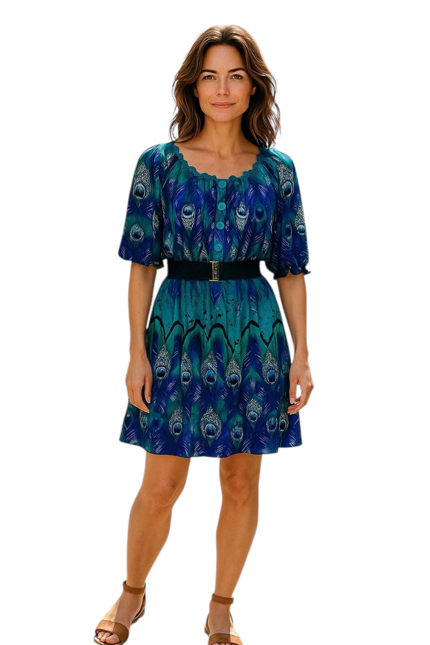 Women's Casual Dress Ruffle Puff ¾ Sleeve Round-Neck Above Knee Length Removeable Belt.
