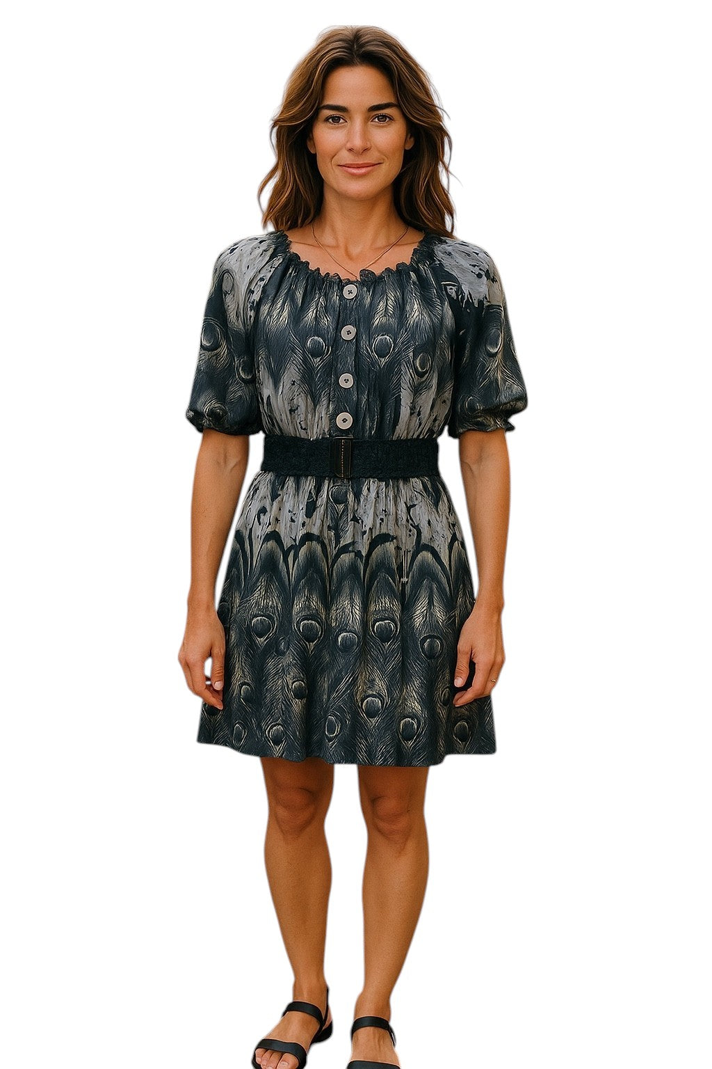 Women's Casual Dress Ruffle Puff ¾ Sleeve Round-Neck Above Knee Length Removeable Belt.