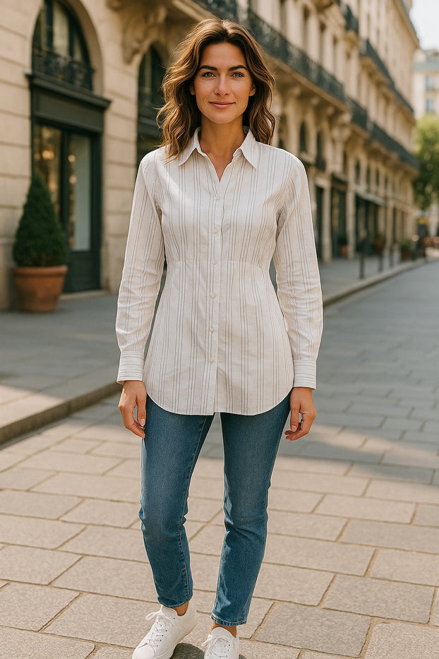 Women Long Sleeves White shirt with Silver Vertical Stripes and front Buttons.