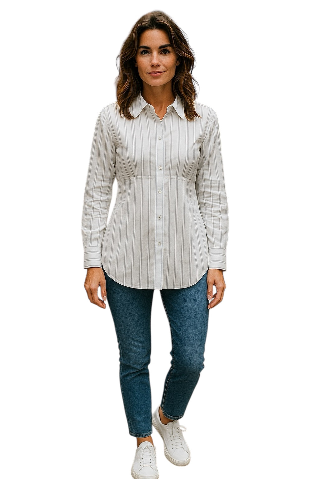 Women Long Sleeves White shirt with Silver Vertical Stripes and front Buttons.